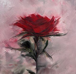 Hier ist eine Ölmalerei einer Rose zu sehen.